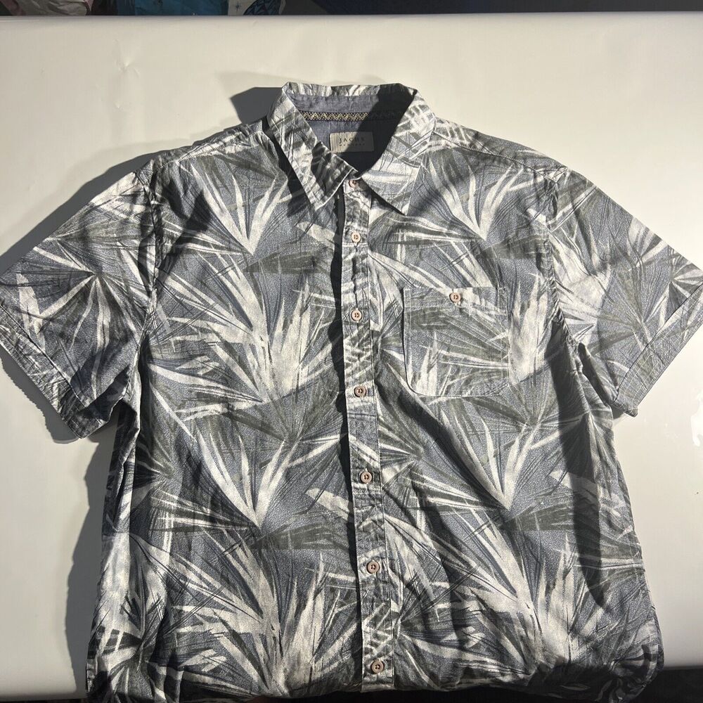 Jachs NY Mens Large Leaf Print Navy Blue Short Sleeve Button Down Dress Shirt LG